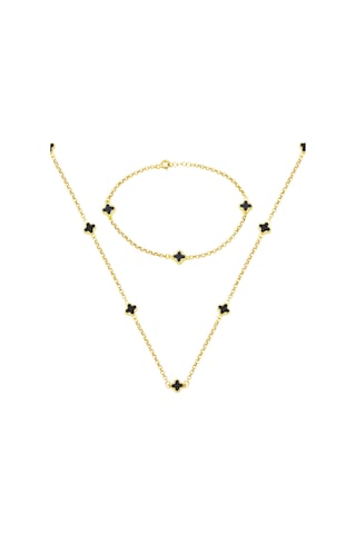 Bilezikci Oniks Taşlı Yonca 14 Ayar Altın Set Takımı