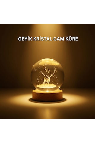 Usb Bağlantılı Geyik Temalı Kristal Küre Premium Masa Gece Lambası Açık Altın
