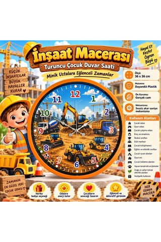 Almira Duvar Saati İnşaat Macerası Turuncu 36 X 36 Cm Çocuk Duvar Saati