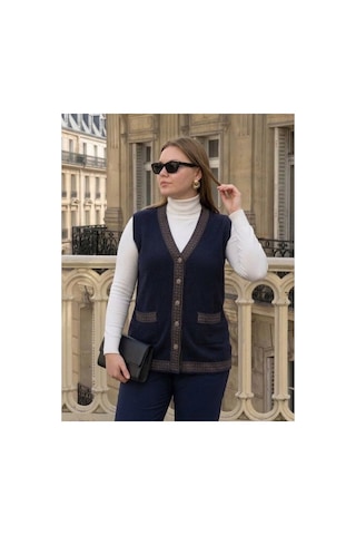 Onno Style Women Bantı Hasır Desenli Çelik Örgü Klasik Triko Yelek Lacivert