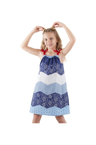 Denokids Lacivert Beyaz Desenli Poplin Kız Çocuk Elbise Renkli Çok Renkli