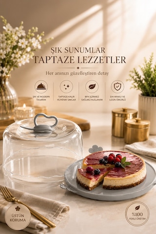 Porsima L-501 Caramel Kek Saklama Taşıma Kabı Fanusu Gri
