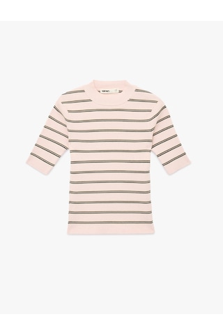 Koton Regular Fit Hafif Dik Yaka Kısa Kollu Çizgili Triko Kazak Pembe Çizgili 6sak90088ht Pembe