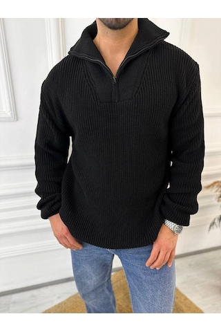 Elku Moda Kazak Oversize Tüylenmez Naturel Pamuk Fermuarlı Boğazlı Yaka Örme Triko Kazak Siyah