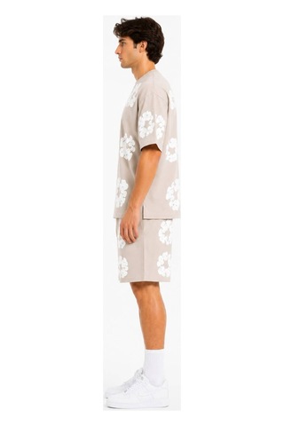 Erkek 2'li Set Baskılı Şort Tişört Takım Oversize Double Face Krem