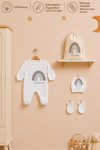 Pia Baby İsme Özel Erkek Bebek Tulum %100 Pamuk Organik Baskılı İsimli Bebek Tulumu Ham Bez Kıyafet Kesesi Bebek Hediye Seti 1073tkyx Krem