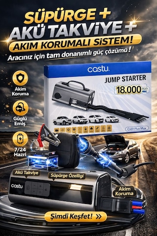 Castu Jump Starter Süpürgeli Akü Takviye Cihazı 18.000mah 10 İn 1 Powerbank, Hava Kompresörü, Lcd Ekran,