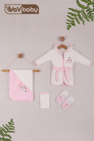 Vavbaby Kapüşonlu Pamuklu Kız Bebek Bornoz Takımı Pembe Kuzulu