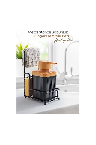 Grimorlife Metal Standlı Süngerli Tekli Siyah Ahşap Akrilik Bulaşık Deterjanı Sıvı Sabunluk 400 Ml-bez Askılığı Siyah