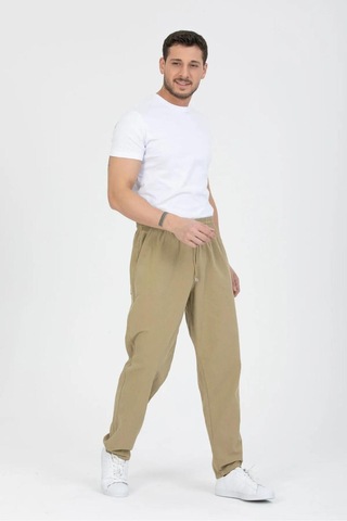 Baw Company Unisex Ince Yazlık Beli Lastikli Kordonlu Keten %100 Pamuklu Kumaş Pantolon Pijama Bej