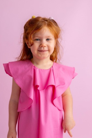 Oliventhekid Volanlı Poplin Kolsuz Ensesi Düğmeli Kız Çocuk Elbise Pembe Pembe