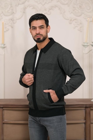 Woolen World Polo Yaka Fermuar Kapamalı Klasik Kesim Astarlı Desenli Çelik Örgü Hırka Antrasit