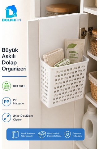 Büyük Askılı Dolap Organizeri 24x10x33 Cm Kapak Arkası Mutfak Banyo Düzenleyici Sepet Beyaz