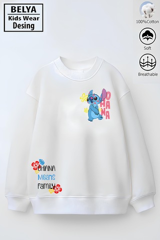 Tam Kalıp Oversize Kız Çocuk Pamuğa Pamuk 3 İplik Kumaş Karakter Stı1 Tasarım Sweatshirt Beyaz