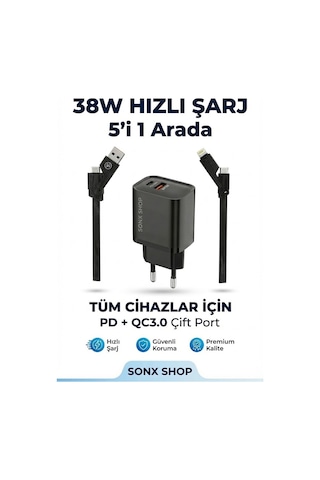 4 İn 1 Hızlı Şarj Seti 38w Çift Portlu Adaptör & Çok Başlıklı Örgü Kablo Lightning/type-c/usb