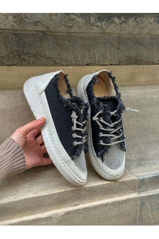 Erva'nın Butiği Siyah Keten Jule Taş Bağcıklı Kadın Sneakers-5784