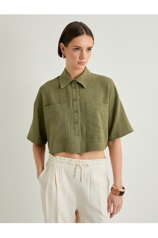 Koton Crop Oversize Gömlek Viskon Keten Karışımlı Düğmeli Kısa Kollu Cepli Haki 4sak60415pw Haki