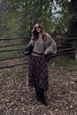 Kahverengi Kare Desenli Asimetrik Etek - 2210 Kahverengi