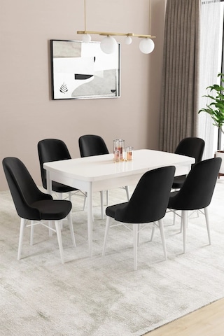 Sar Pakete Almira Serisi, Beyaz 80x132 Açılabilir Mdf Mutfak Masası Takımı 6 Adet Sandalye Siyah