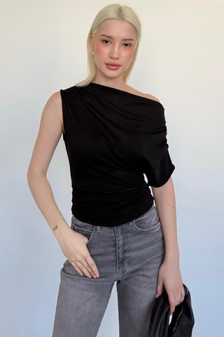 Siyah Tek Omuz Modern Kesim Şık Kadın Bluz Mg2669 Siyah