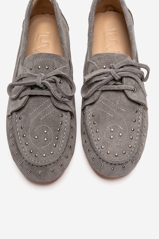 Luvishoes Cuesta Gri Süet Hakiki Deri Troklu Bağcıklı Kadın Loafer Ayakkabı