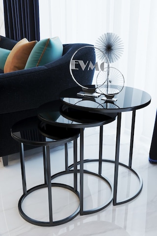 Deepport 3 Lü Zigon Sehpa Siyah Ayak Siyah Ayna Siyah