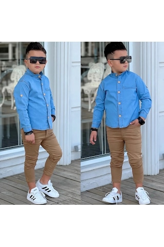 Modavals Hakim Yaka Denım Gömlek & Gabardin Pantolon Erkek Çocuk 2 Li Takım Mavi