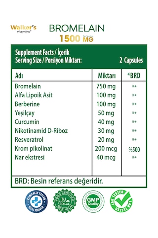 Walker's Vitamin Bromelain 1500 MG Takviye Edici Gıda 60 Kapsül