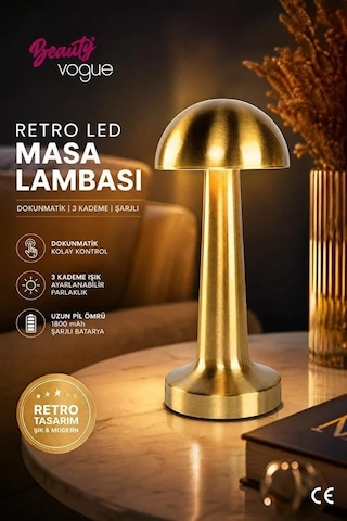 Tr Mantar Lamba, 3 Kademeli Işık, Usb Şarjlı, Şarjlı Dokunmatik Led Lamba, Kablosuz Gece Lambası, Gold Masa Lamba Genel