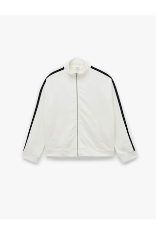 Koton Şerit Detaylı Dik Yaka Fermuarlı Beyaz Kadın Sweatshirt 6wak10054ek Beyaz