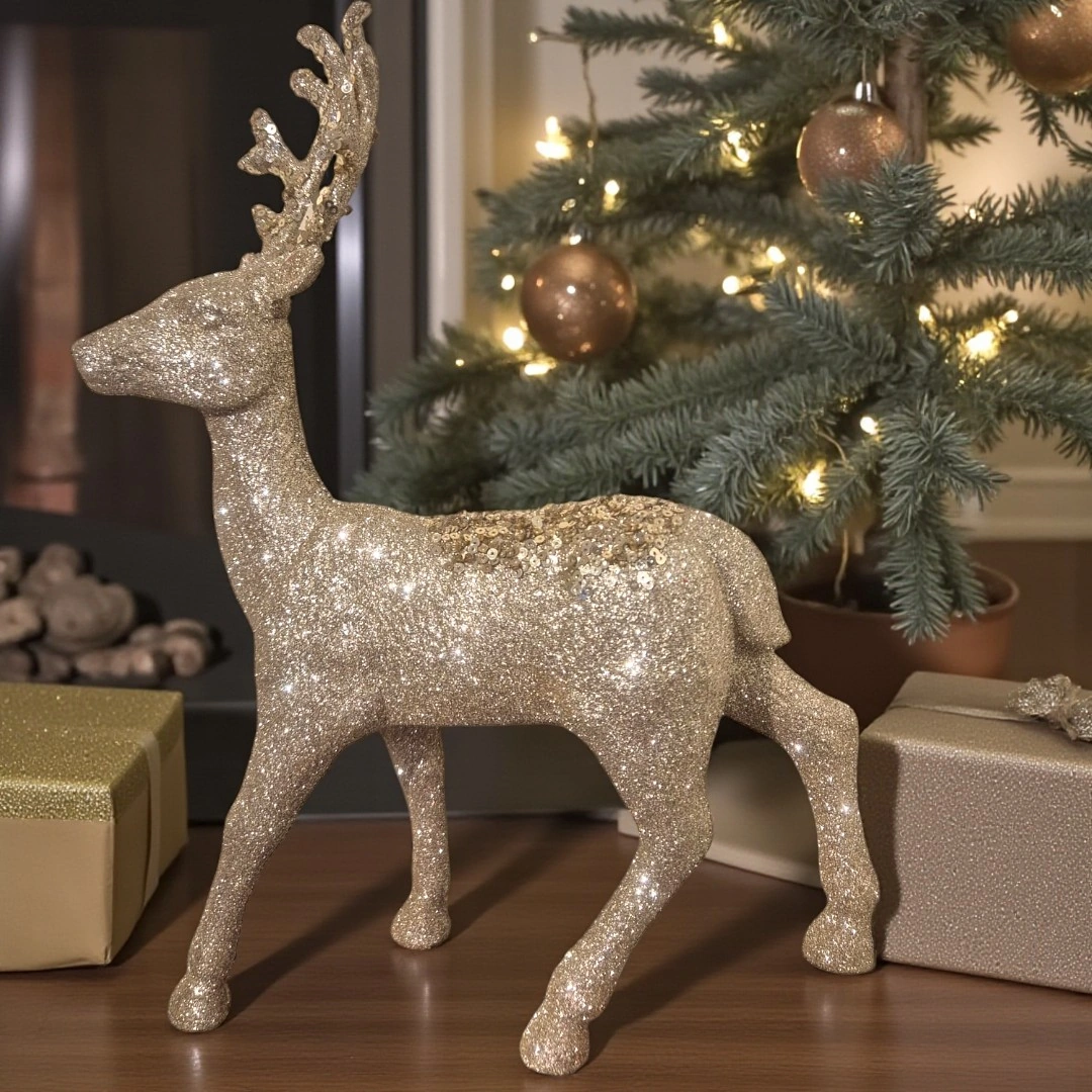 Yılbaşı Lüks Dekoratif Gold Simli Geyik 32cm Ast7212