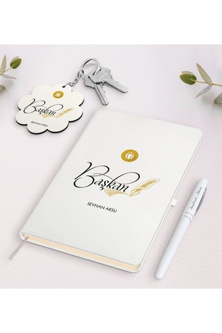 Kişiye Özel Başkan Beyaz Defter Kalem Ve Anahtarlık Seti-3