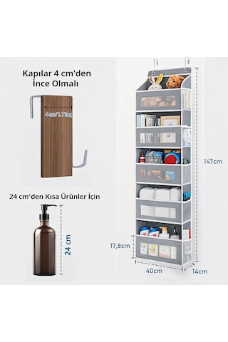 Valkyrie Kapı Arkası Organizer 5 Cepli Askılı Dolap Düzenleyici Çok Amaçlı Kapı Arkası Raf 20kg Taşıma Gri Çok Renkli