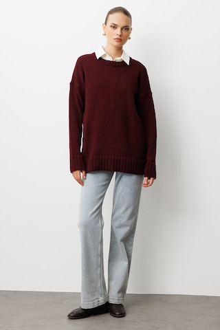 Mizalle Yuvarlak Yaka Oversize Bordo Triko Kazak Bordo