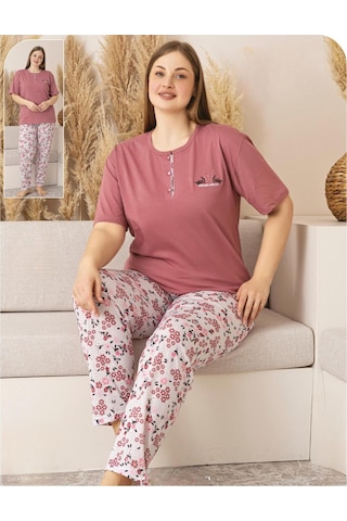Sude Kadın Büyük Beden Düğme Yaka Penye Kısa Kol İnce Pijama Takımı P134 - 1 Adet Gülkurusu
