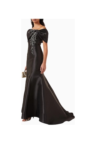 Ac By Aanchal Chanda Crystal - Embellished Gown Kristal Işlemeli Balık Form Maxi Kadın Elbise Siyah