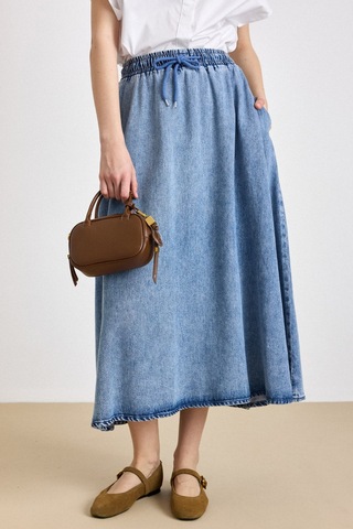 Olcay Beli Lastikli Soft Denim Etek Mavi 7068