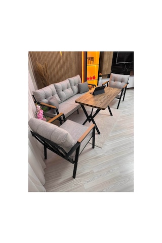 Houseart Vera 3+1+1 + Masa , Balkon, Bahçe - Cafe , Teras , Metal Kanepe Koltuk Takımı , Yemek Masası ,çay Seti Açık Gri