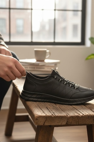 Enoch Hakiki Deri Lastikli Bilekli Erkek Sneaker Ayakkabı Ortopedik Taban Siyah
