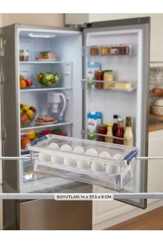 Şeffaf 12'li Yumurta Saklama Kabı Kilitli Kapak Dolap İçi Düzenleyici Kutu 14x37,5x9 Cm