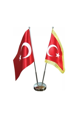 Masa Üstü Türk Bayrağı Biri Simli + İkili Krom Direk Masa Bayrak