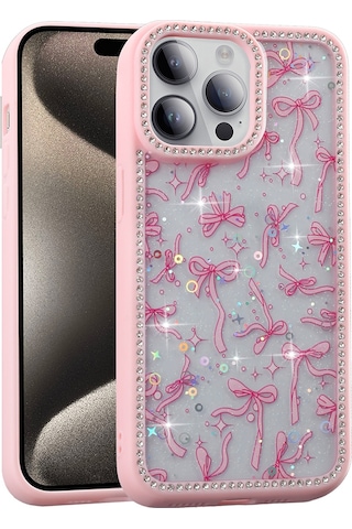 Apple Uyumlu iPhone 14 Pro Max Kılıf Taşlı Ve Simli Tasarım Mkst Azra Kapak - Pembe Pembe