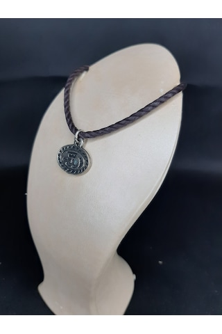 Mryart Erkek Kadın Otantik "allah" Yazılı Deri İpli Gümüş Renk Bileklik Kahverengi