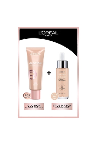 L'Oréal Paris Glotion All-In-One Doğal Işıltı 902 Light Glow 40 ML + True Match Nude Fondöten Serum 0.5-2 Very Light
