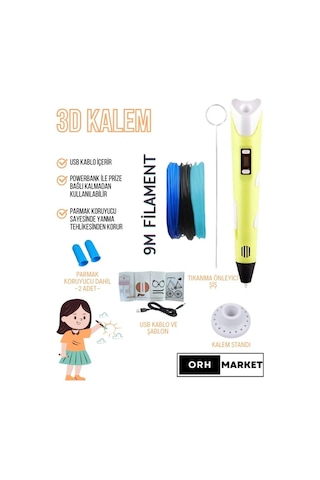 Sarı 3D Kalem 3D Pen Yazıcı Kalem – 3 Adet 3 Metrelik PLA Filament (Toplam 9M) + USB Kablo