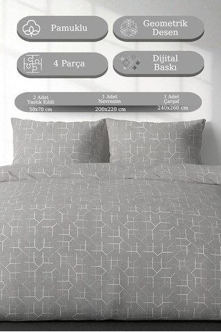 4 Parça Çift Kişilik Nevresim Takımı Dijital Baskı Carel Model Gri