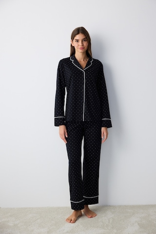 Penti Pamuklu White Dotted Gömlek Pantolon Pijama Takımı Siyah Siyah