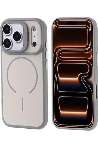 Techaks Apple Uyumlu iPhone 17 Pro Max Kılıf M-safe Şarj Özellikli Kamera Standlı Tchs Notron Kapak - Gri Gri