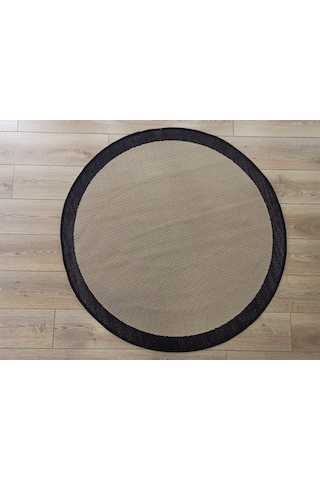 Çam Halı Sisal 9716 Bej / Siyah Bordürlü Daire Jüt Sisal Kilim - 160x160