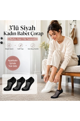 S'82 3 Lü Kadın Siyah File Babet Çorap Düşük Kesim İnce Esnek Nefes Alan Görünmez Çorap Seti